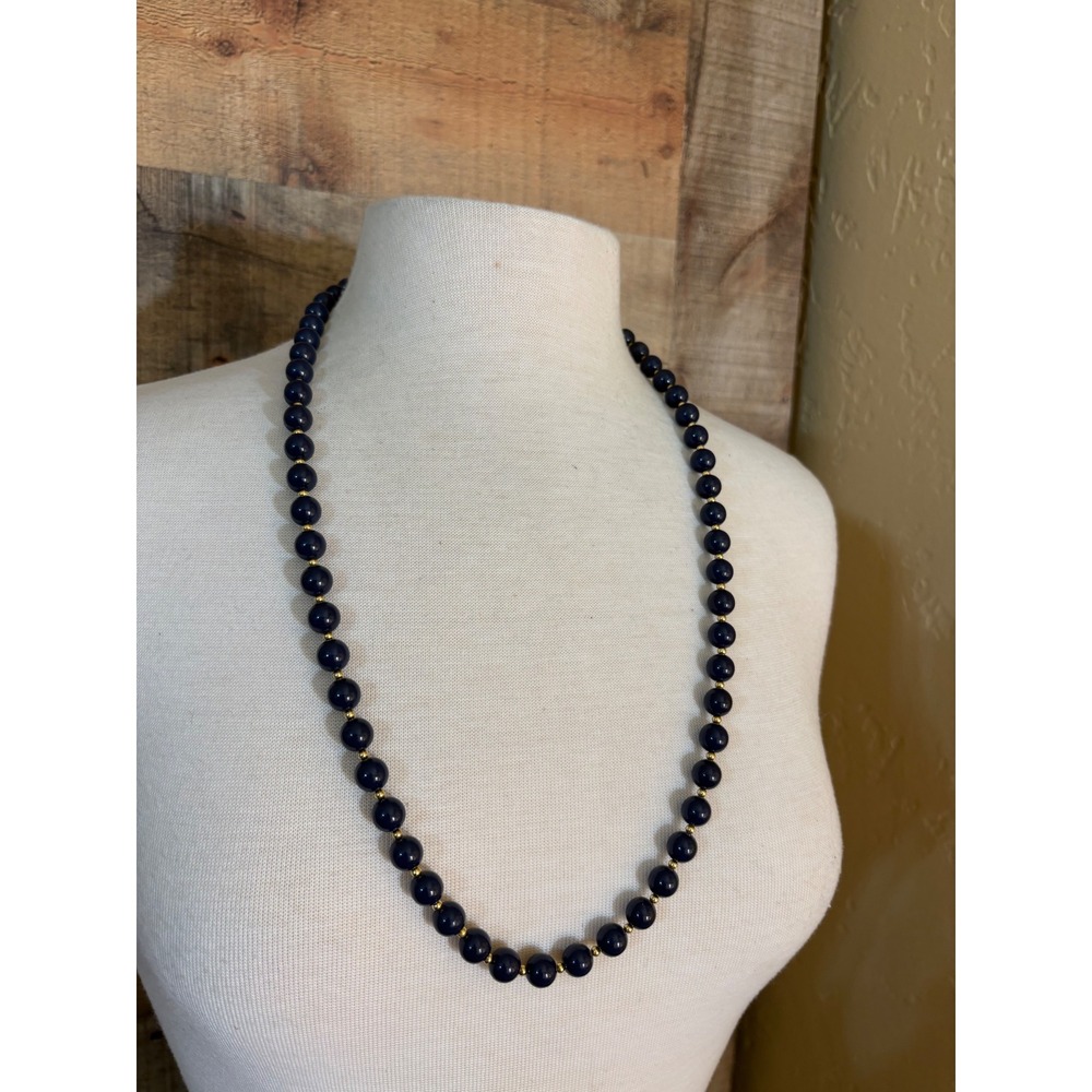 Navy Blue Beaded Necklace Gold Tone Spacers 28 Inch Round Bead Strand